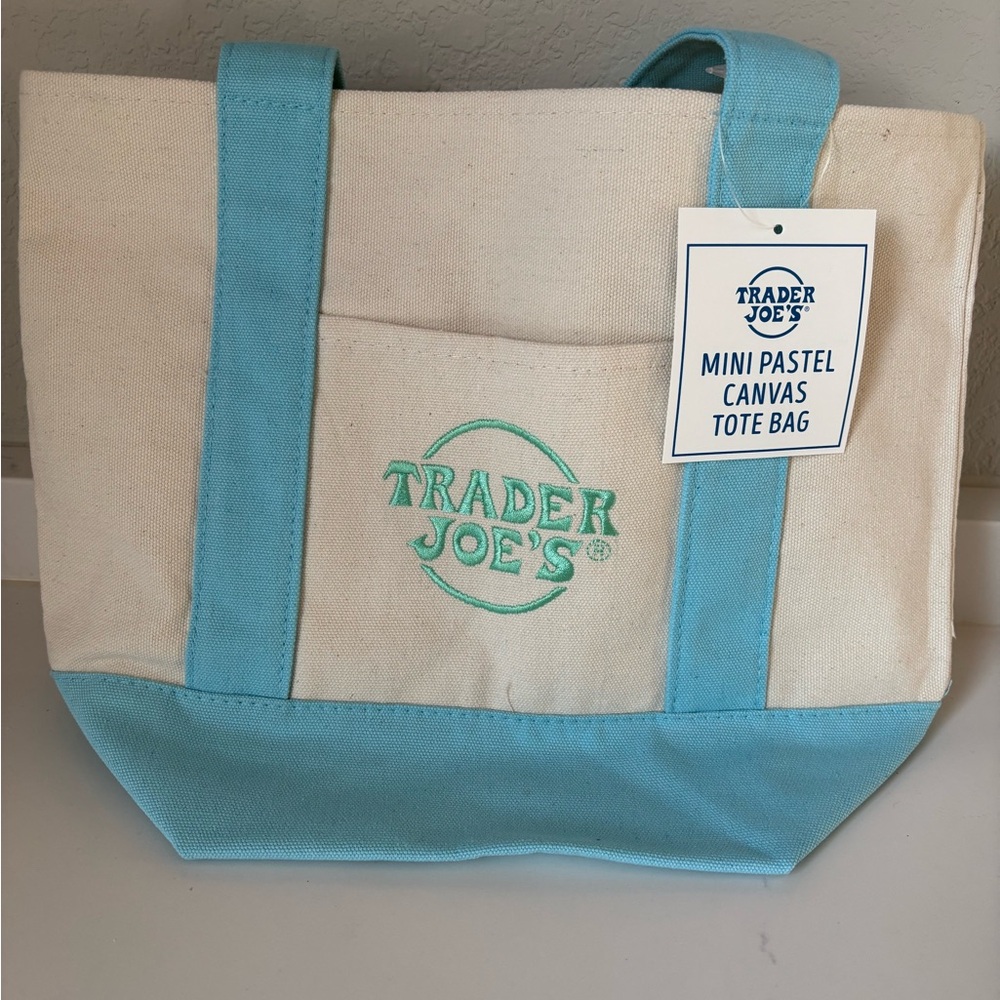 Trader Joe's Mini Pastel Canvas Tote Bag - Cream & Light Blue